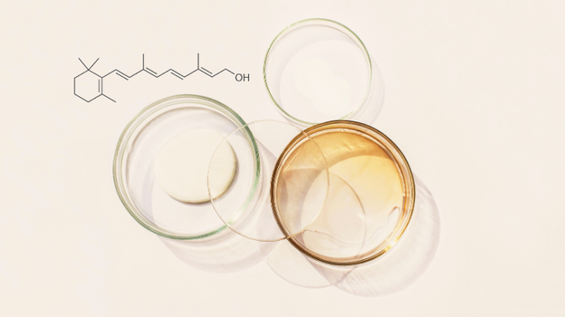 Vitamin A molecule with skincare textures in glass dishes